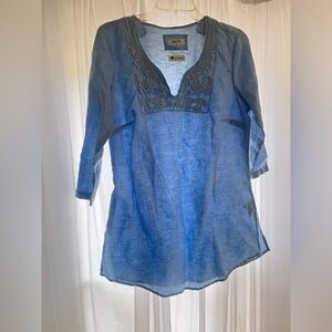 MALVIN I Love 100% Linen Trim Tunic Mini Dress Top Sleeve Blue Womens Size Large